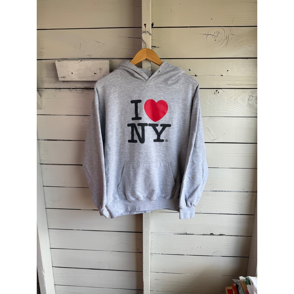 Three Layer I Love NY Hoodie Gray Heather Pullover Sweatshirt Heart Graphic